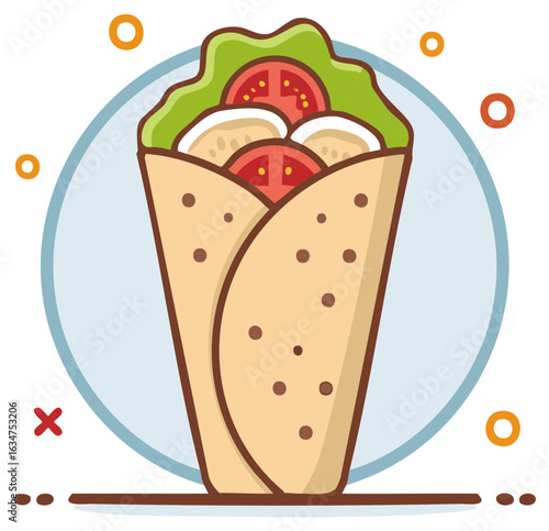 Delicious colorful illustration of a savory food wrap with fresh vegetables and protein filling perfect for menus