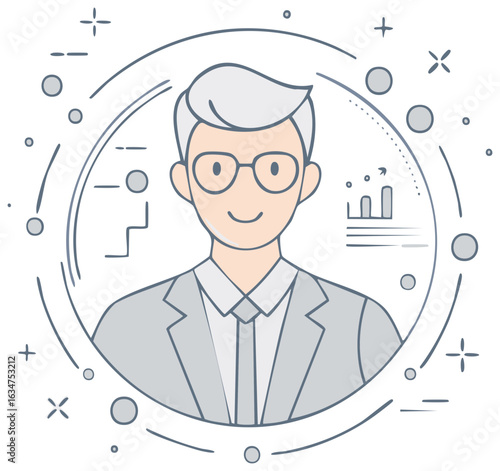 Friendly gray haired businessman with glasses in circular frame with business icons