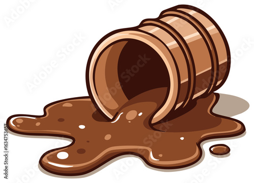 Brown barrel overturned spilling thick dark liquid creating a messy puddle