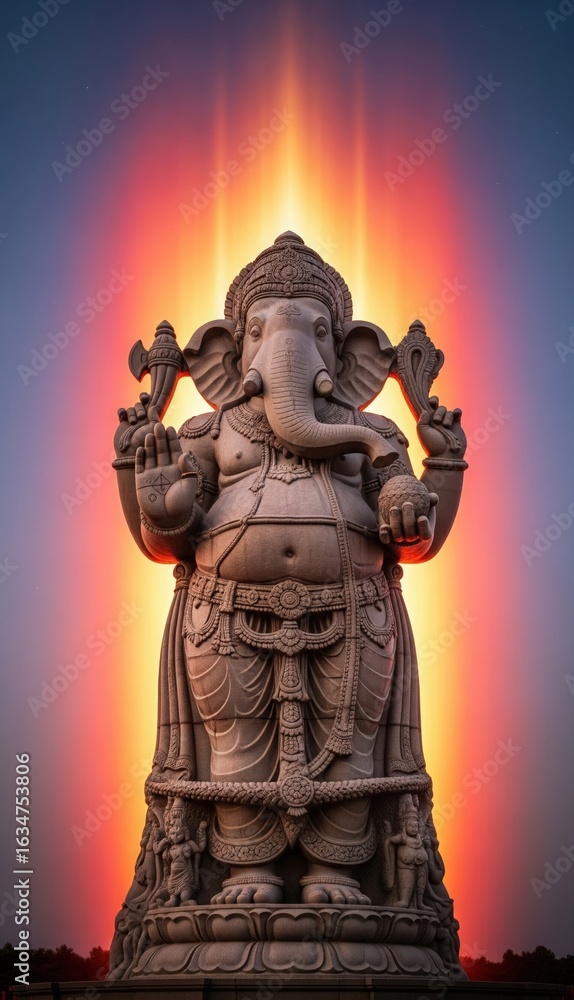 Fototapeta premium Vertical Gigantic Ganesha with Divine Light Beam and Fiery Sky – Grand Spiritual Look