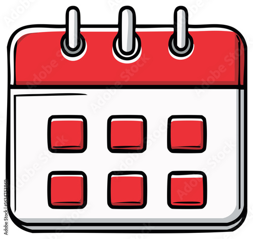 Cute Cartoon Style Calendar with Red Squares and Metal Spiral Binding