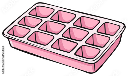 Pink ice cube tray with twelve empty compartments kitchen utensil illustration