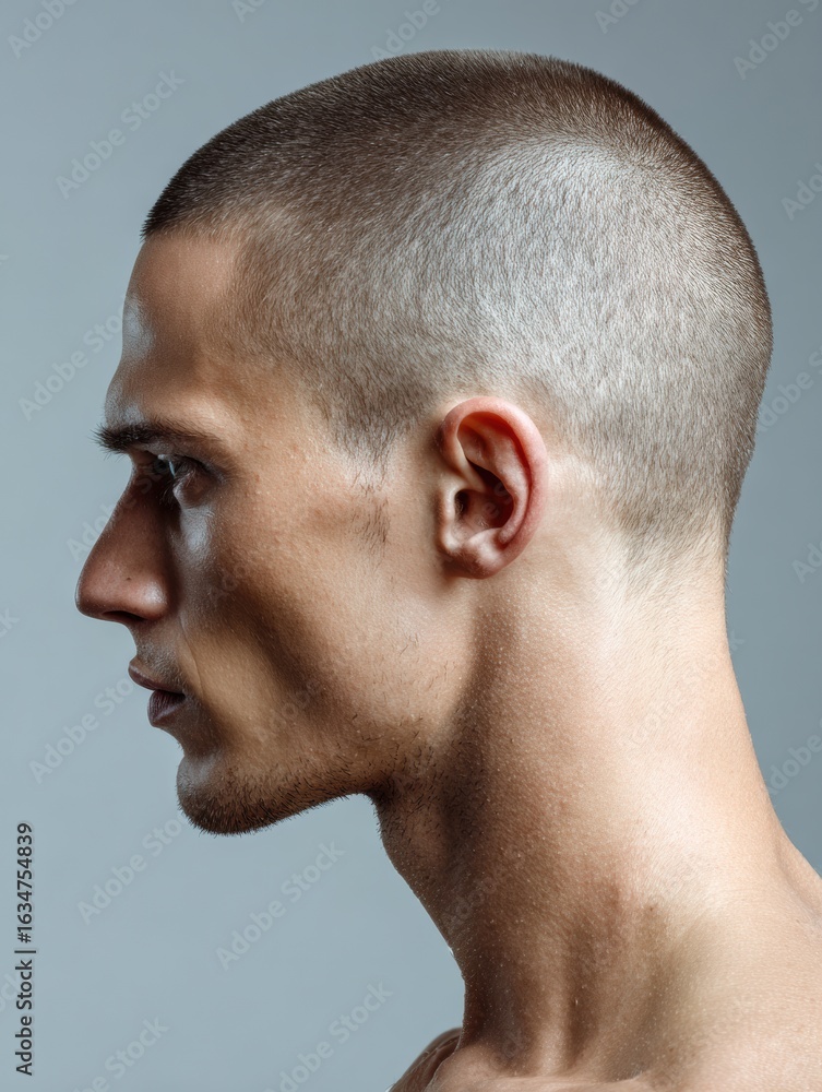 Obraz premium Profile View of a Buzz Cut Hairstyle Showcasing Gradient Light Against an Empty Background Highlighting Facial Features and Hairstyle Contours