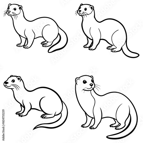 Four outlined weasels in various poses showcasing their sleek bodies and curious expressions drawing