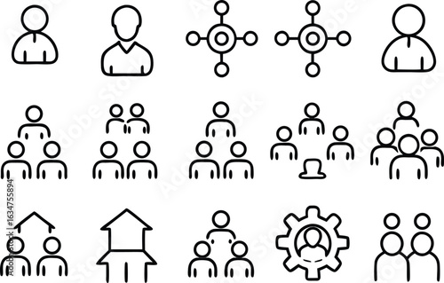A vector icon set illustrating various business concepts and diverse professional people silhouettes