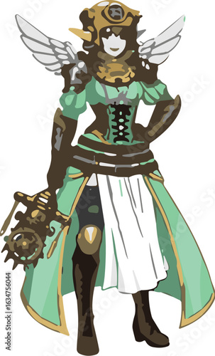 Steampunk fantasy character, red-haired warrior, mechanical gear device, green armored dress, goggles helmet, clockwork wings, cosplay concept, sci-fi style