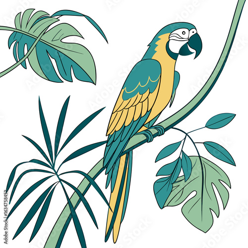 Tropical jungle parrot vector scene, flat design,