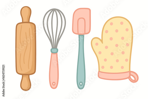 Cute cartoon bakeware set with rolling pin, whisk, spatula, and oven mitt
