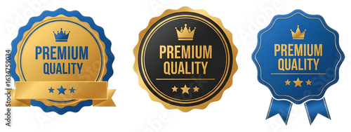Set of Premium Quality golden and blue badges on white background