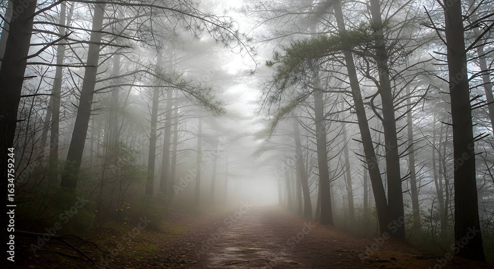 Fototapeta premium Misty Forest Path: A serene path winds its way through a dense, ethereal forest, shrouded in a veil of mist, creating a tranquil and mysterious atmosphere.