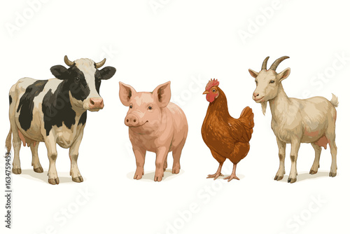 Farm animals lineup: cow, pig, chicken, and goat in a row