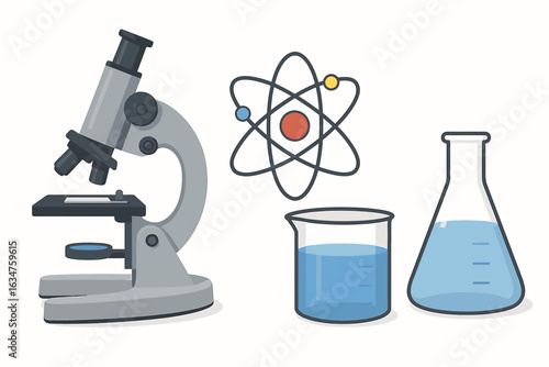 Scientific equipment with microscope atom and glassware illustration