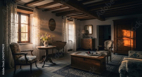 Wallpaper Mural Sunlight streams into a rustic living room with antique furniture Torontodigital.ca