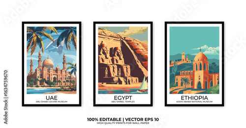 Set of 3 Vintage travel posters, Vintage travel illustrations, Vector colorful illustrations. Trendy printable wall art with beautiful landscapes.