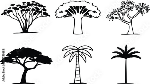 Trees Silhouette: Illustrative view of a collection of tree silhouettes, displaying a variety of botanical tree structures. This artwork captures nature in a simplistic style.