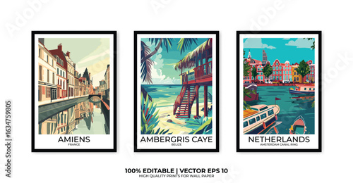 Set of 3 Vintage travel posters, Vintage travel illustrations, Vector colorful illustrations. Trendy printable wall art with beautiful landscapes.