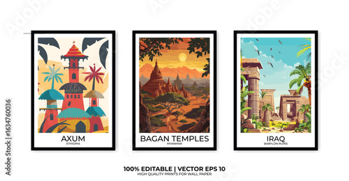 Set of 3 Vintage travel posters, Vintage travel illustrations, Vector colorful illustrations. Trendy printable wall art with beautiful landscapes.
