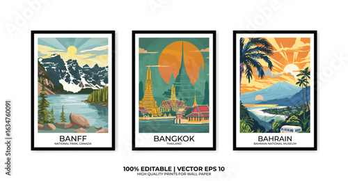 Set of 3 Vintage travel posters, Vintage travel illustrations, Vector colorful illustrations. Trendy printable wall art with beautiful landscapes.