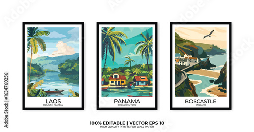 Set of 3 Vintage travel posters, Vintage travel illustrations, Vector colorful illustrations. Trendy printable wall art with beautiful landscapes.