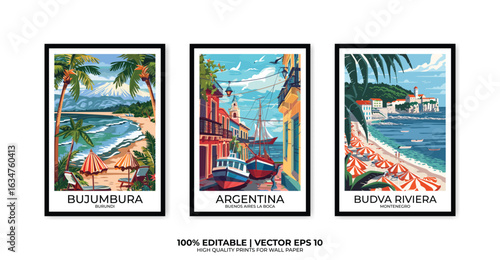Set of 3 Vintage travel posters, Vintage travel illustrations, Vector colorful illustrations. Trendy printable wall art with beautiful landscapes.