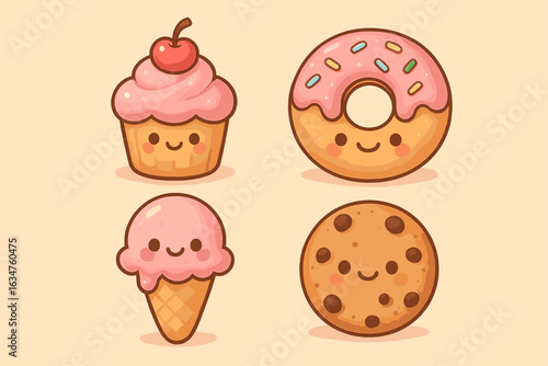 Cute cartoon desserts with smiling cupcake, donut, ice cream, and cookie