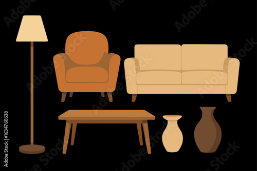 Modern minimalist furniture set with armchair, sofa, and vases on dark background