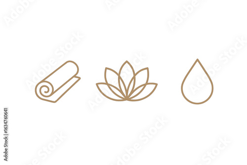 Minimalistic yoga mat lotus water drop icons on white background