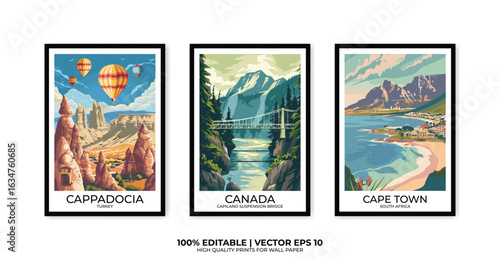 Set of 3 Vintage travel posters, Vintage travel illustrations, Vector colorful illustrations. Trendy printable wall art with beautiful landscapes.