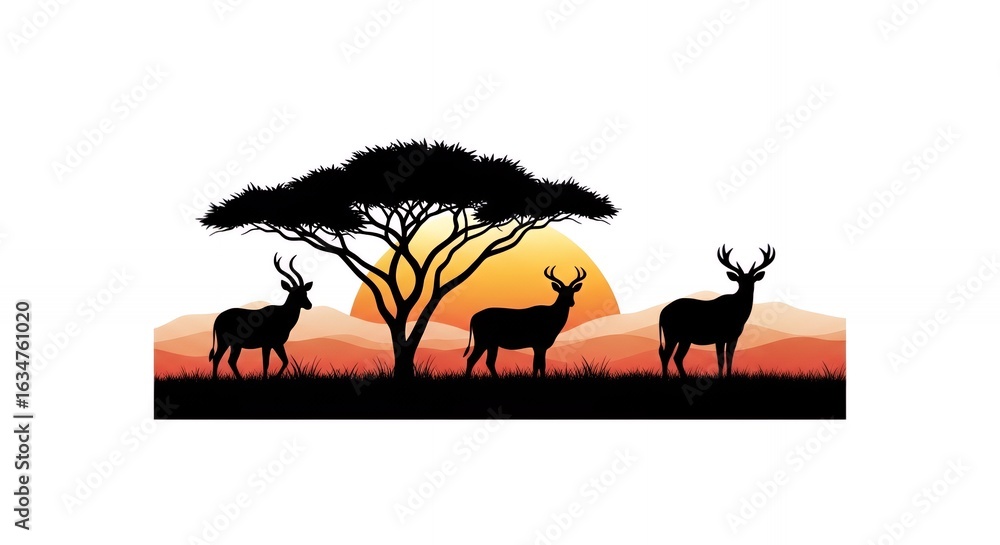 Fototapeta premium African Safari Sunset Landscape with Antelopes and Acacia Tree Silhouettes