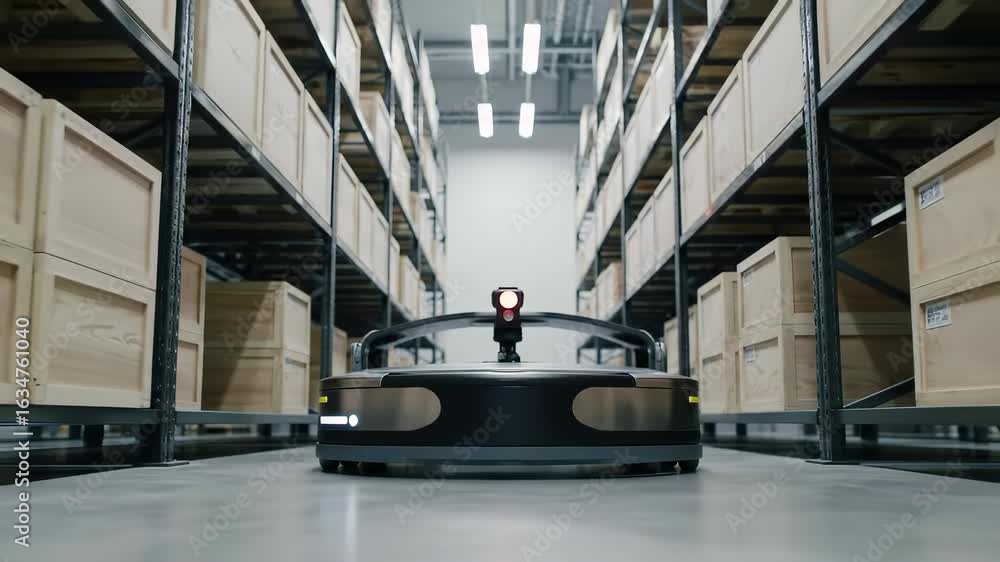 Autonomous mobile robot navigates a modern warehouse aisle, optimizing ...