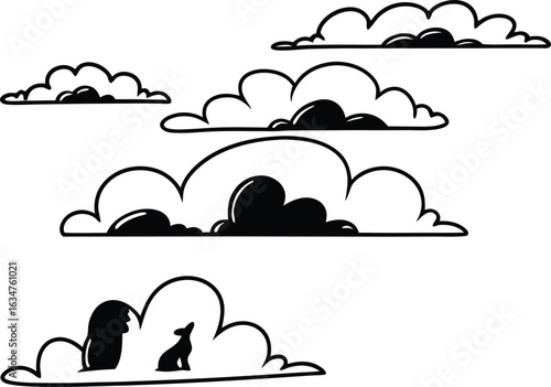 Sky Contemplation: A monochrome artistic rendering of various cloud formations, evokes a sense of serenity and introspection, inviting viewers to embrace the stillness of a tranquil moment.