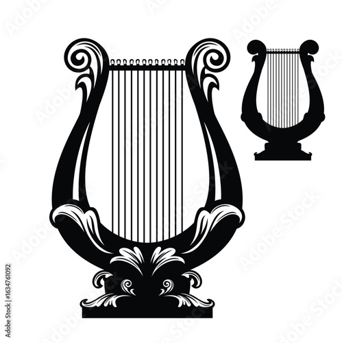 ancient lyre black and white vector design set - antique lute musical instrument outline and silhouette