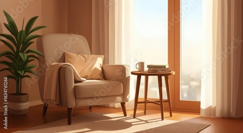 Inviting Armchair and Books in Sunlit Room for Mindful Relaxation and Digital Detox Lifestyle