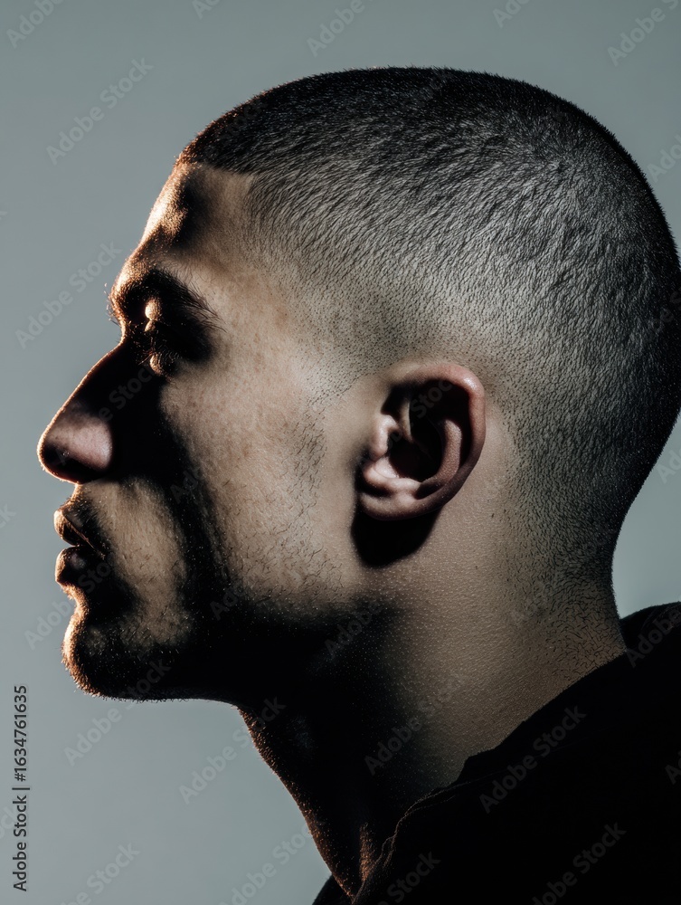 Obraz premium Profile View of a Buzz Cut Against Gradient Light With Empty Space on the Right