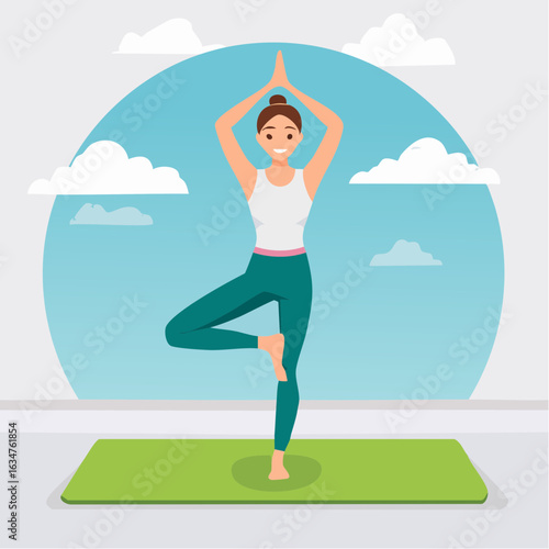 Frau in Baumhaltung (Vrikshasana) auf Matte