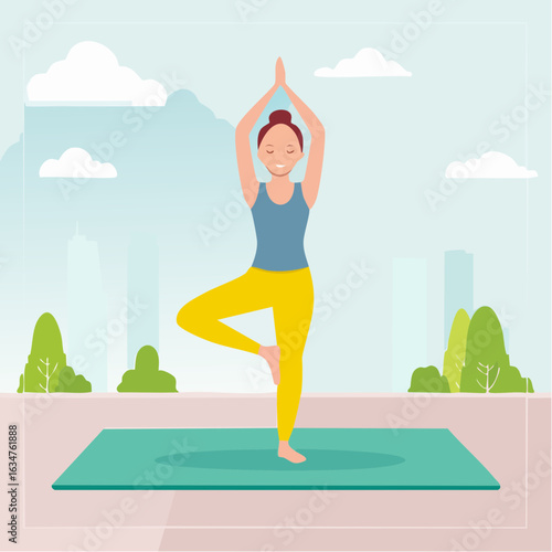 Frau in Baumhaltung (Vrikshasana) auf Matte