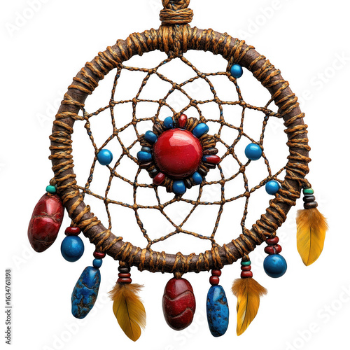 Detailed native american dreamcatcher with intricate beadwork and feathers a spiritual symbol of protection and good dreams isolated on transparent background