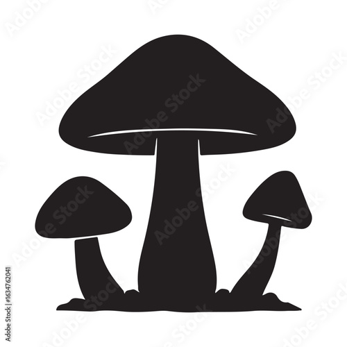 Red amanita toadstool mushrooms on a black background and green grass illustration with white spots