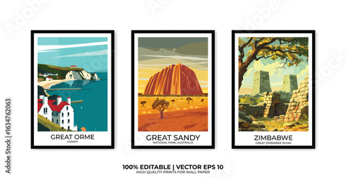 Set of 3 Vintage travel posters, Vintage travel illustrations, Vector colorful illustrations. Trendy printable wall art with beautiful landscapes.
