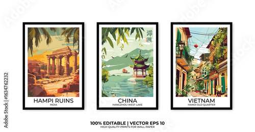 Set of 3 Vintage travel posters, Vintage travel illustrations, Vector colorful illustrations. Trendy printable wall art with beautiful landscapes.