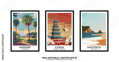 Set of 3 Vintage travel posters, Vintage travel illustrations, Vector colorful illustrations. Trendy printable wall art with beautiful landscapes.