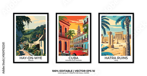 Set of 3 Vintage travel posters, Vintage travel illustrations, Vector colorful illustrations. Trendy printable wall art with beautiful landscapes.