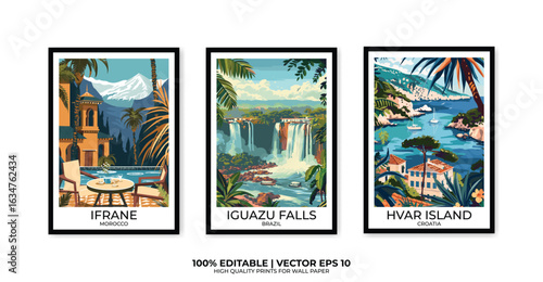 Set of 3 Vintage travel posters, Vintage travel illustrations, Vector colorful illustrations. Trendy printable wall art with beautiful landscapes.