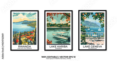 Set of 3 Vintage travel posters, Vintage travel illustrations, Vector colorful illustrations. Trendy printable wall art with beautiful landscapes.