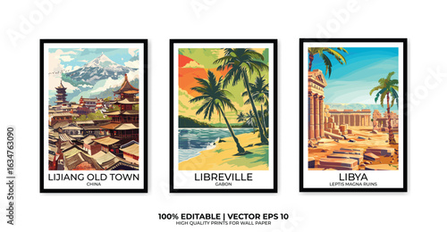 Set of 3 Vintage travel posters, Vintage travel illustrations, Vector colorful illustrations. Trendy printable wall art with beautiful landscapes.
