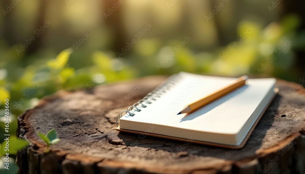 Quiet Moments: Journal and Pencil on a Rustic Tree Stump, Symbolizing Digital Detox and Mindful Slow Living in Nature Quiet Moments: Journal and Pencil on a Rustic Tree Stump, Symbolizing Digital Detox and Mindful Slow Living in Nature