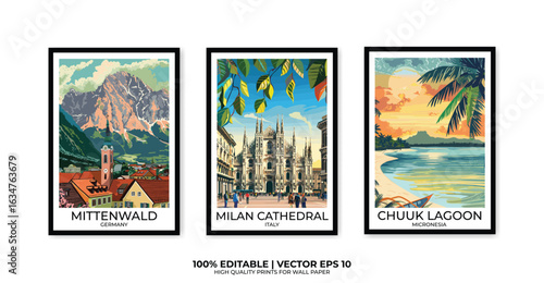 Set of 3 Vintage travel posters, Vintage travel illustrations, Vector colorful illustrations. Trendy printable wall art with beautiful landscapes.