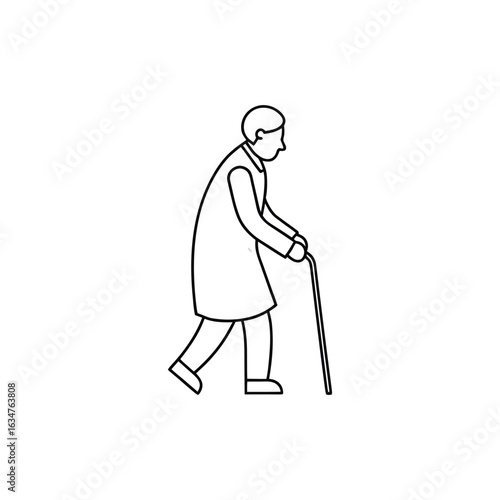 Elderly man walking with a cane isolated on a white background