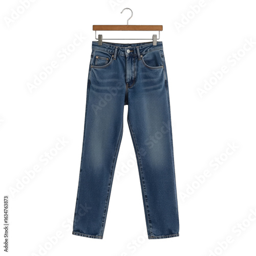 A pair of medium-wash blue jeans hanging on a wooden hanger, showcasing a classic and timeless denim style.