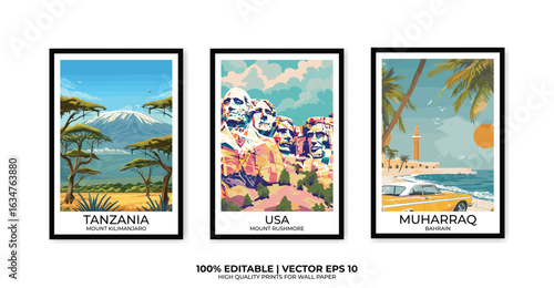 Set of 3 Vintage travel posters, Vintage travel illustrations, Vector colorful illustrations. Trendy printable wall art with beautiful landscapes.